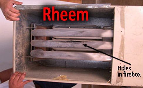 Cracked firebox on a Rheem furnace, cracked Rheem heat exchanger. Cracked tubular heat exchanger. Your source for forced air heating. Furnace heat exchanger repair. General furnace repair.