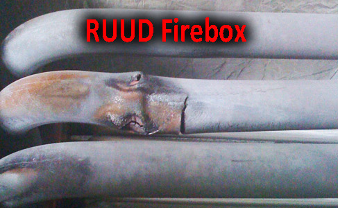 Cracked firebox on a RUUD furnace, cracked RUUD heat exchanger. Cracked tube type heat exchanger on a forced air furnace. The place to find new forced furnace prices and new home heating system prices is here.